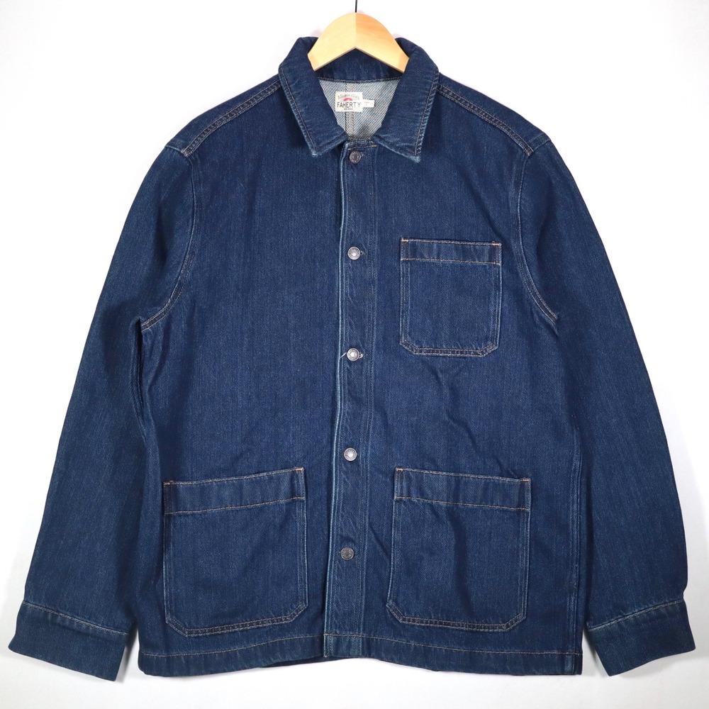 Faherty Chore Coat Mens Large Blue Denim Indigo Organic Cotton Workwear Casual